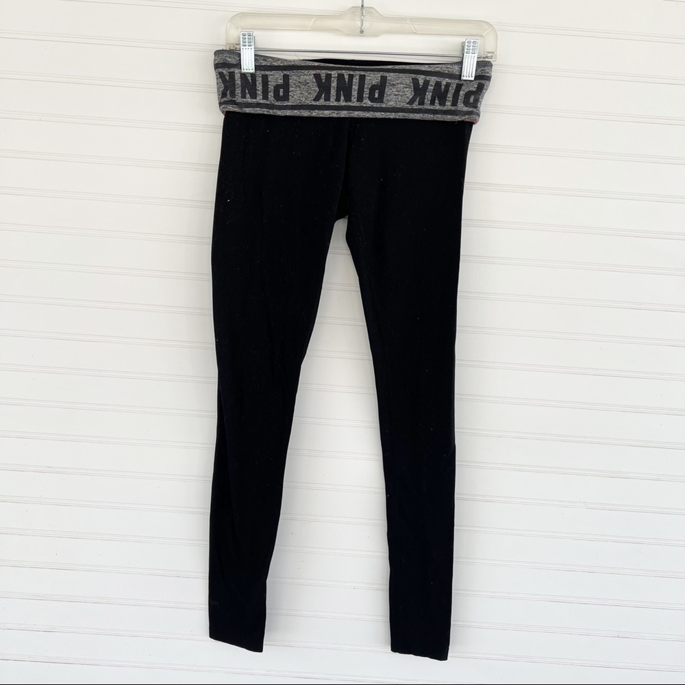 PINK Victoria's Secret Leggings Small Black Foldover Logo Waistband Reversible